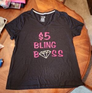 Time and Tru Black Tee with Pink Glittery Graphic